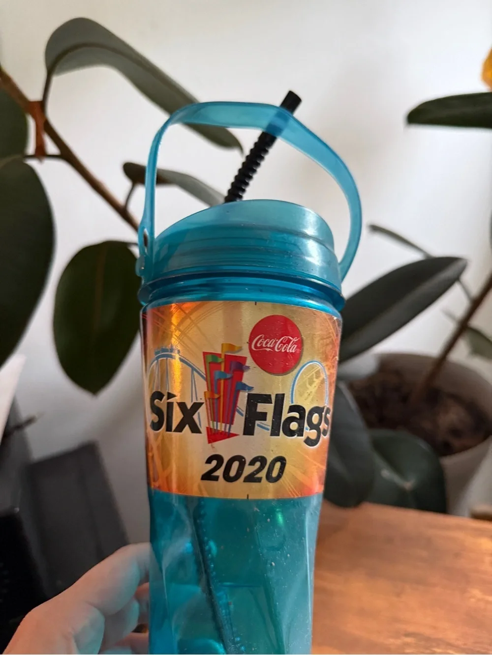 2020 Teal Plastic Souvenir Cup with Straw Six Flags Coca Cola